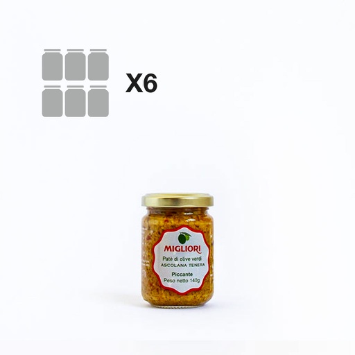 [1842] PACCO FAMIGLIA 6X140 g PATÈ DI OLIVE TENERA ASCOLANA PICCANTE